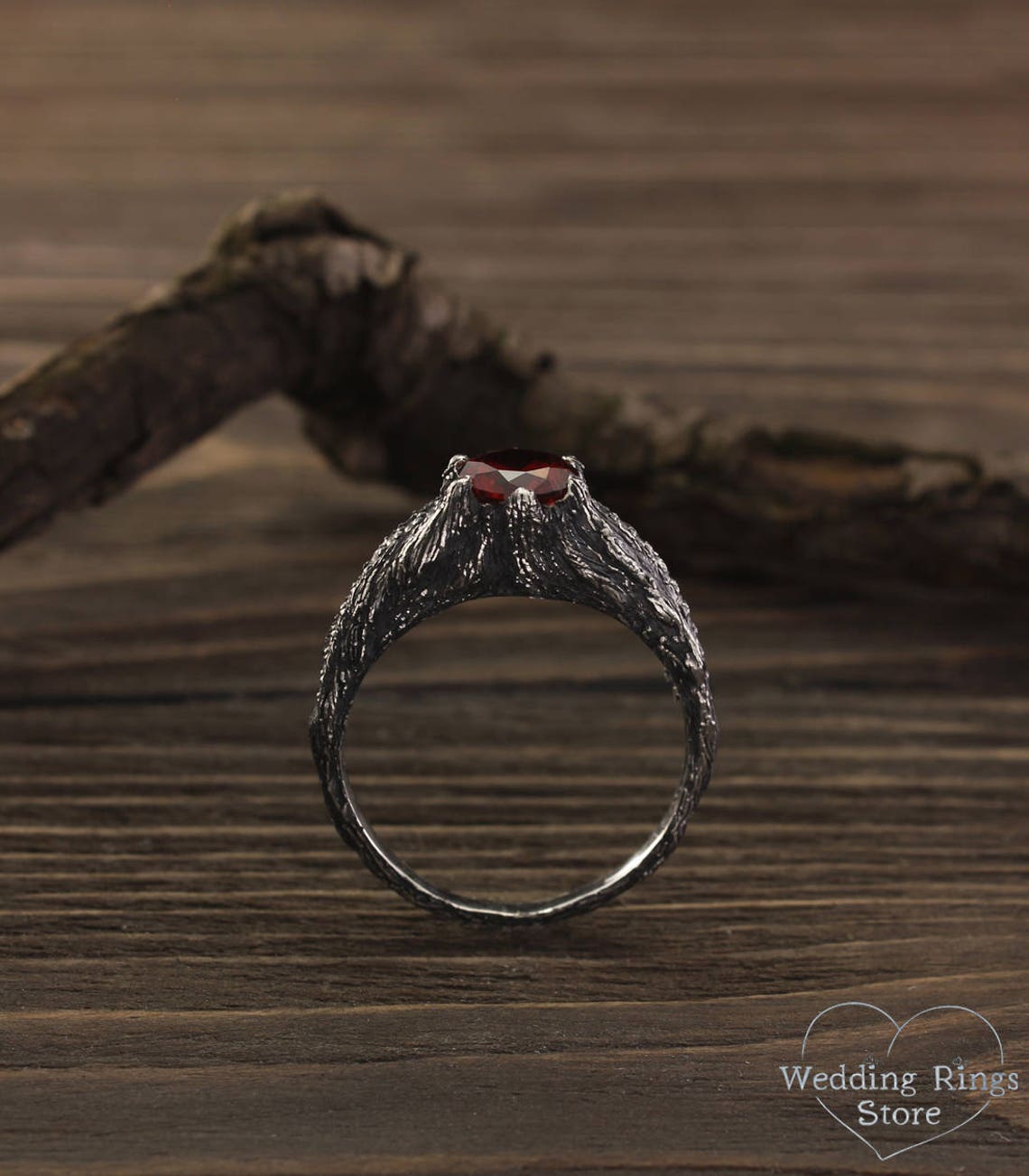 Big Garnet Ring with Silver Tree and Side Stones