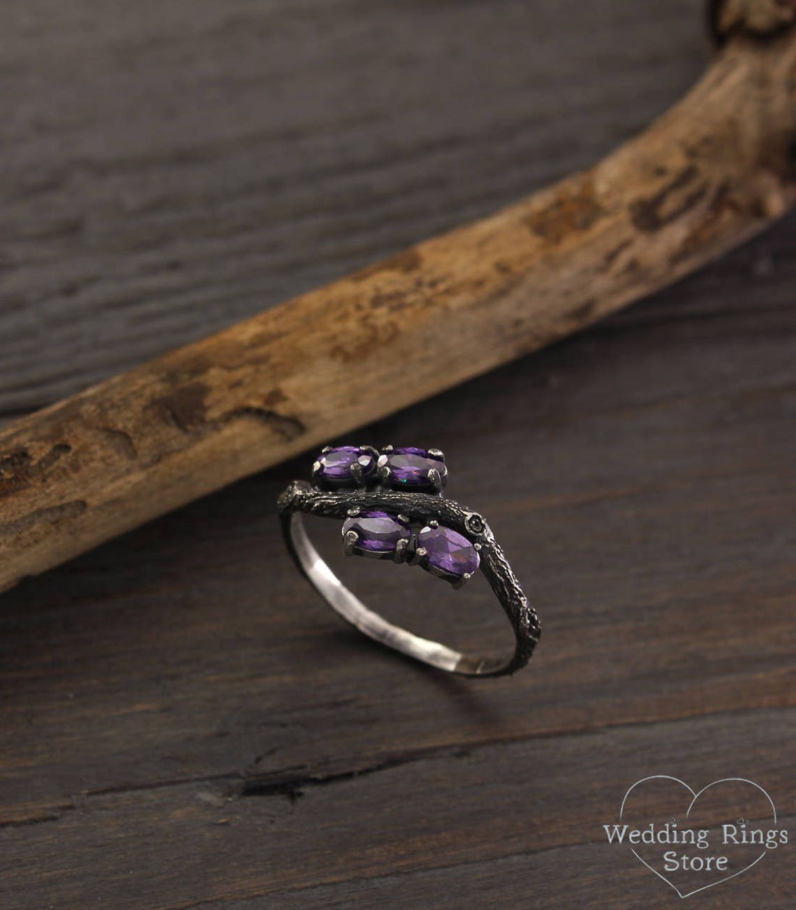 Delicate Amethysts Waved Twig Engagement Ring in oxidized Silver