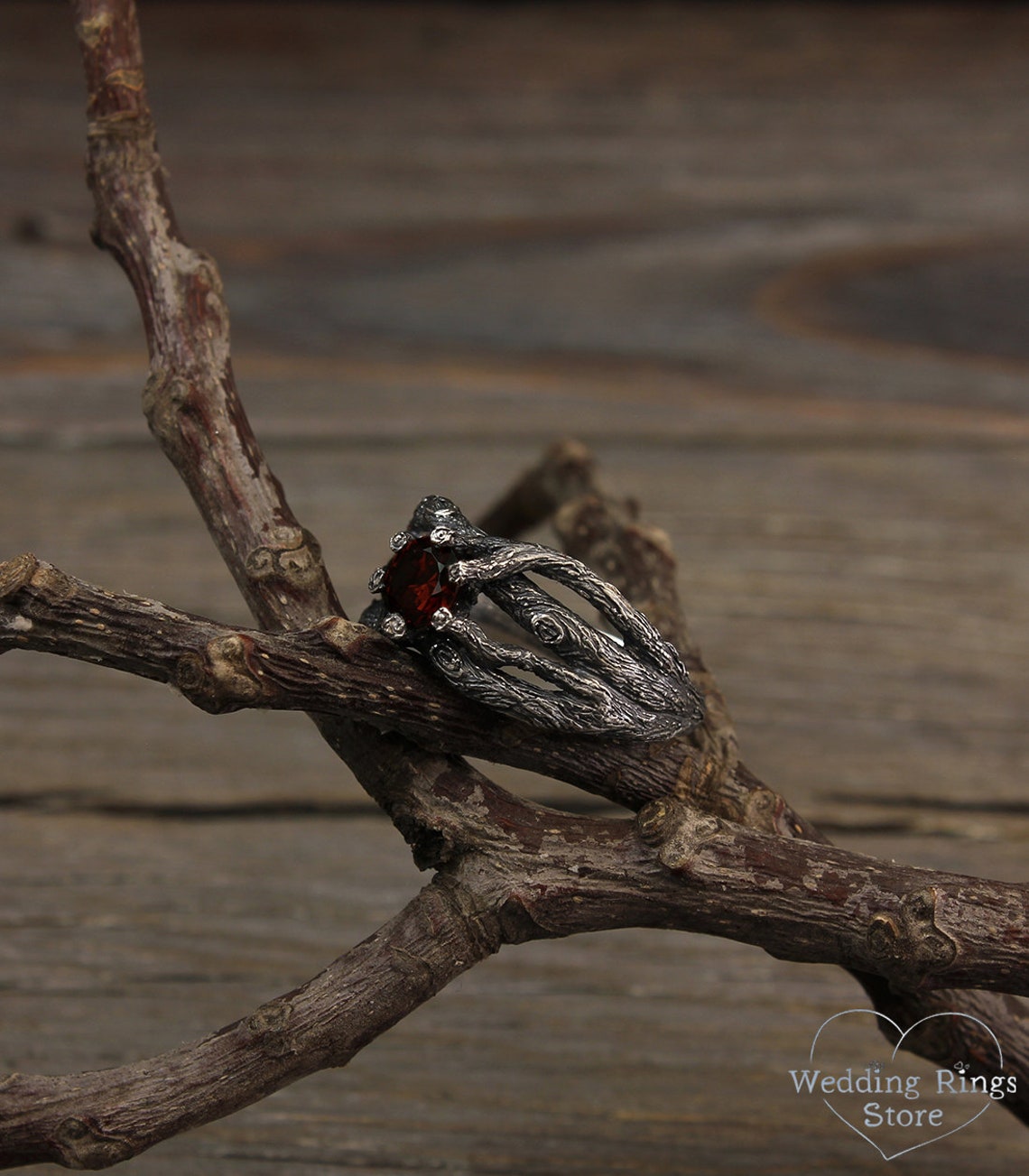 Garnet Engagement Ring with Fine Silver Branches