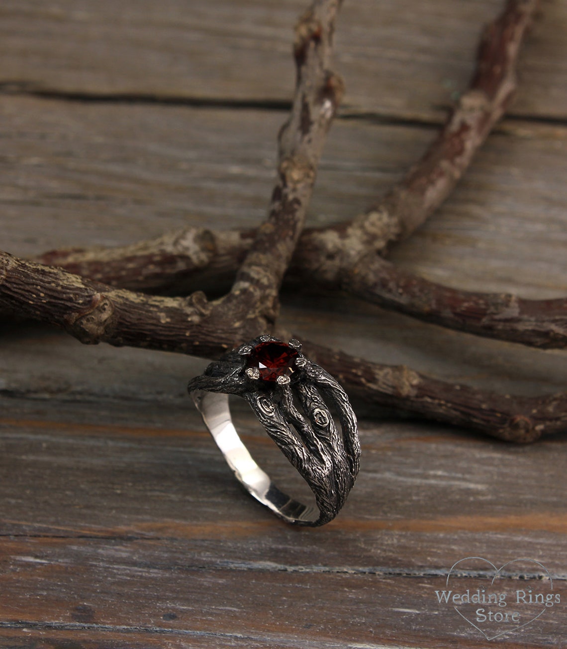 Garnet Engagement Ring with Fine Silver Branches