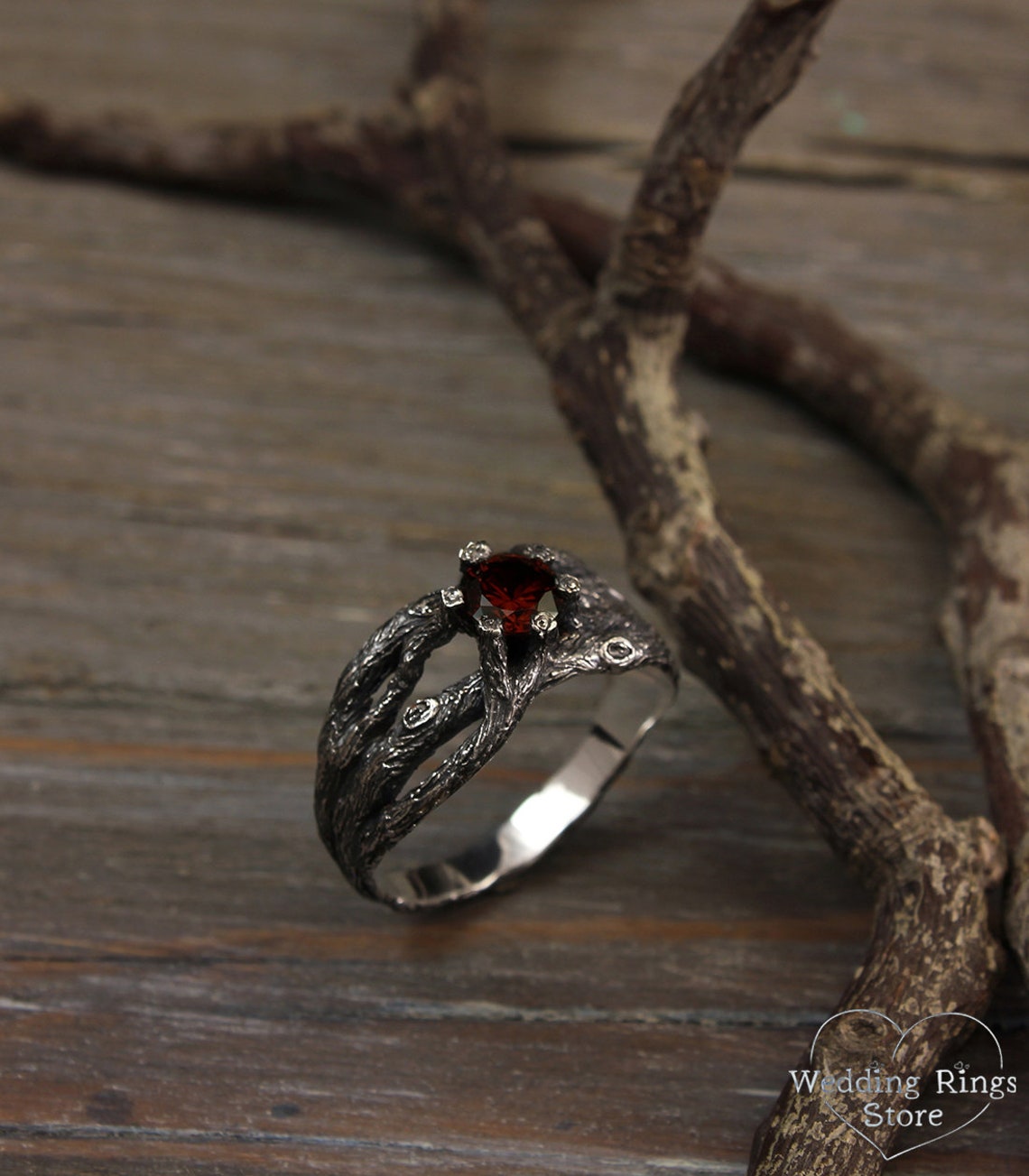 Garnet Engagement Ring with Fine Silver Branches