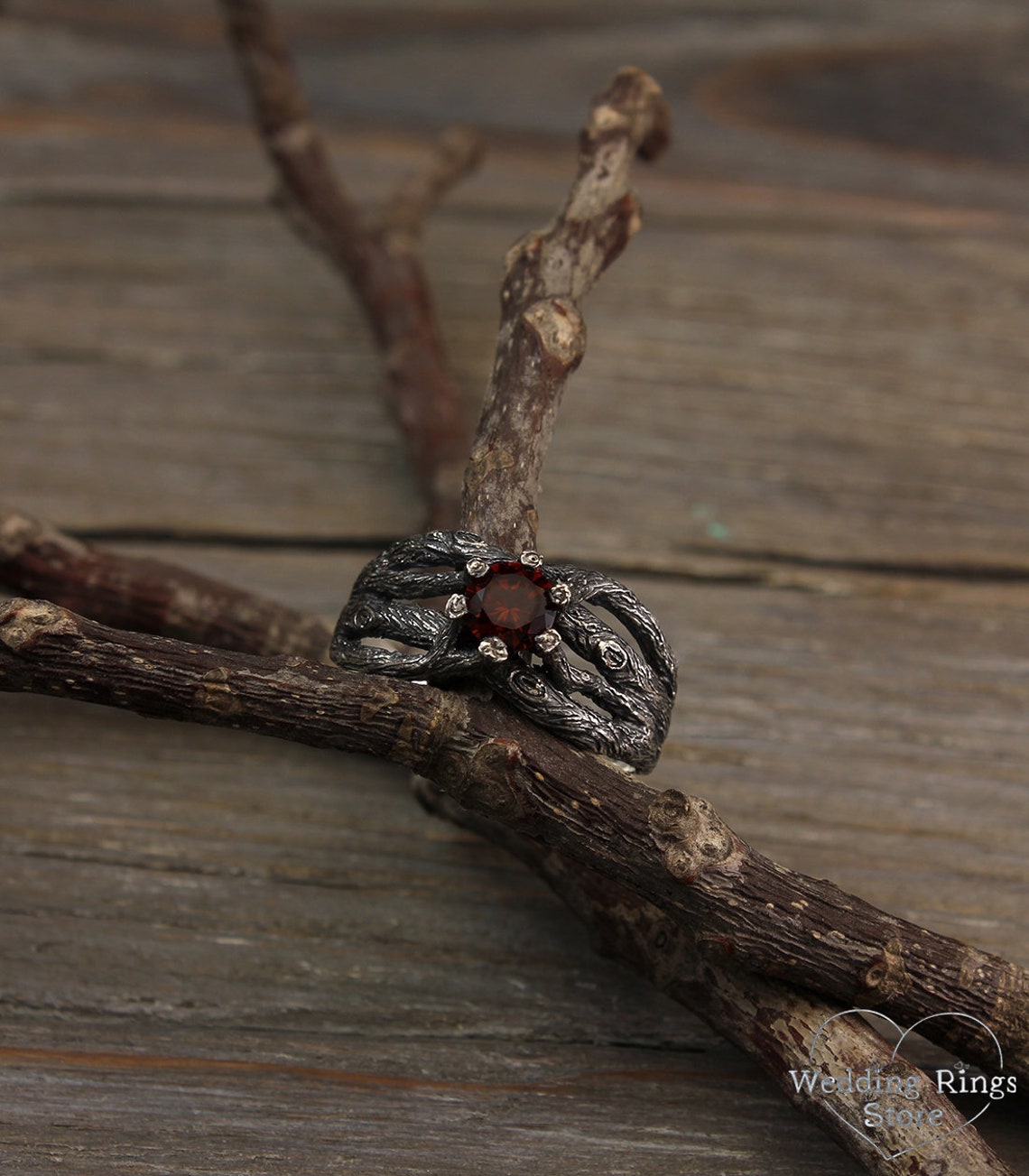 Garnet Engagement Ring with Fine Silver Branches