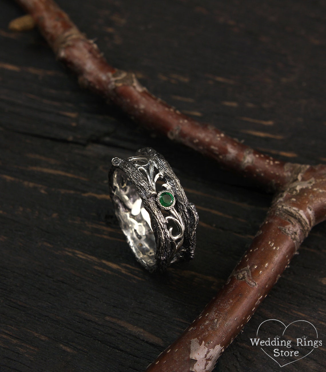 Vintage style Oxidized Silver Bark and Emerald Wedding Ring