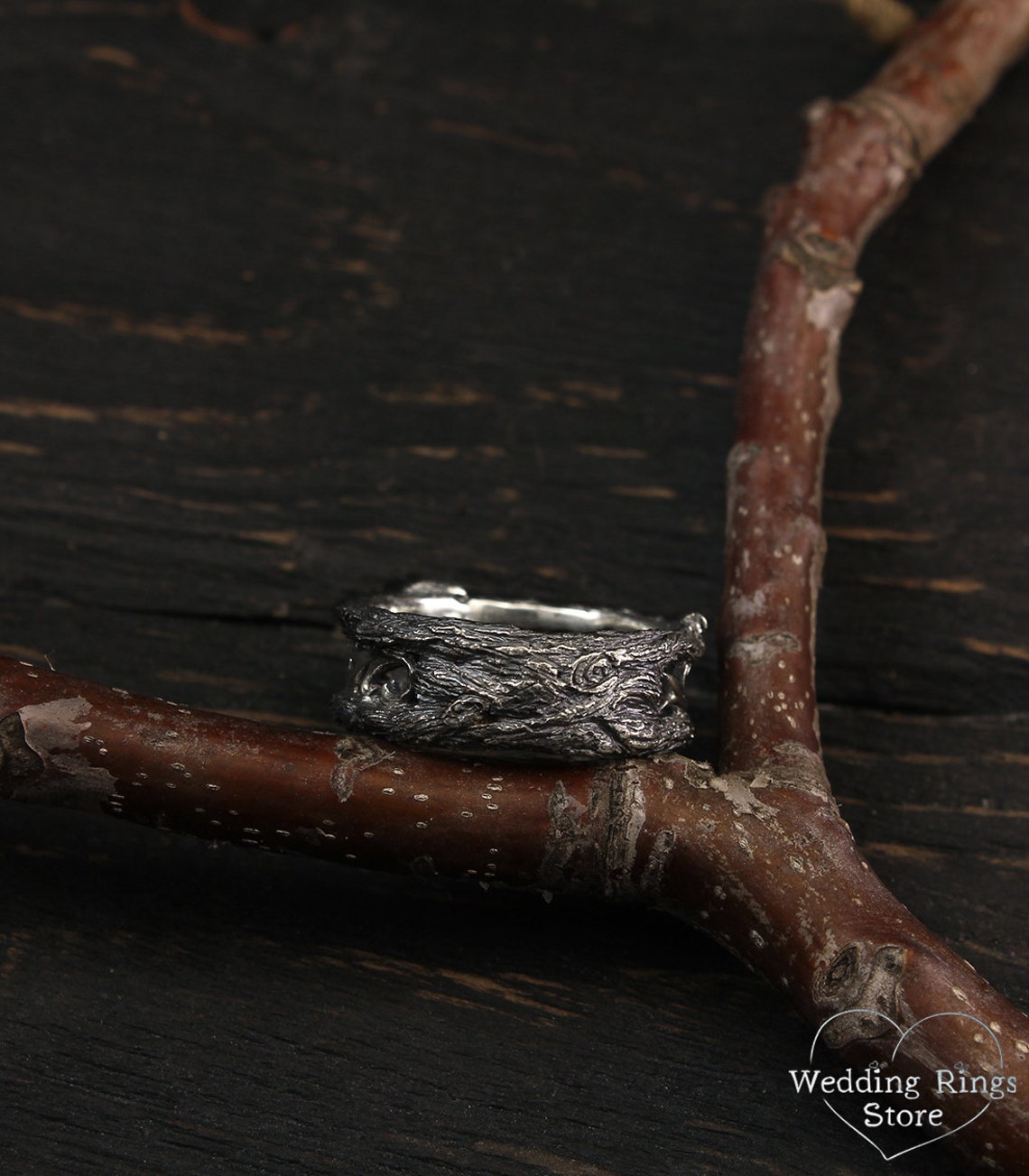 Vintage style Oxidized Silver Bark and Emerald Wedding Ring