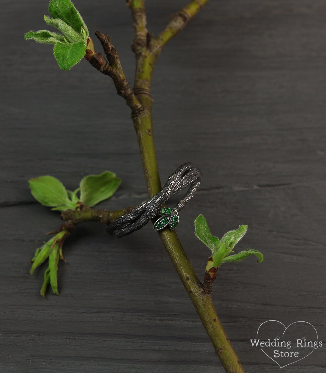 Tiny Emeralds in the Leaf Silver Twig Engagement Ring