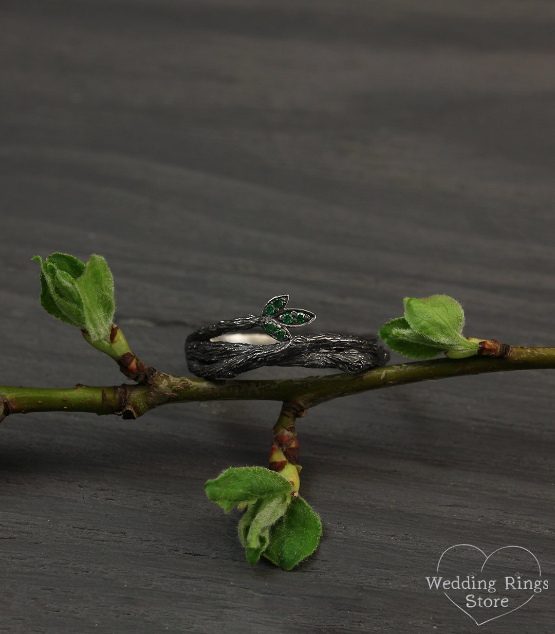 Tiny Emeralds in the Leaf Silver Twig Engagement Ring