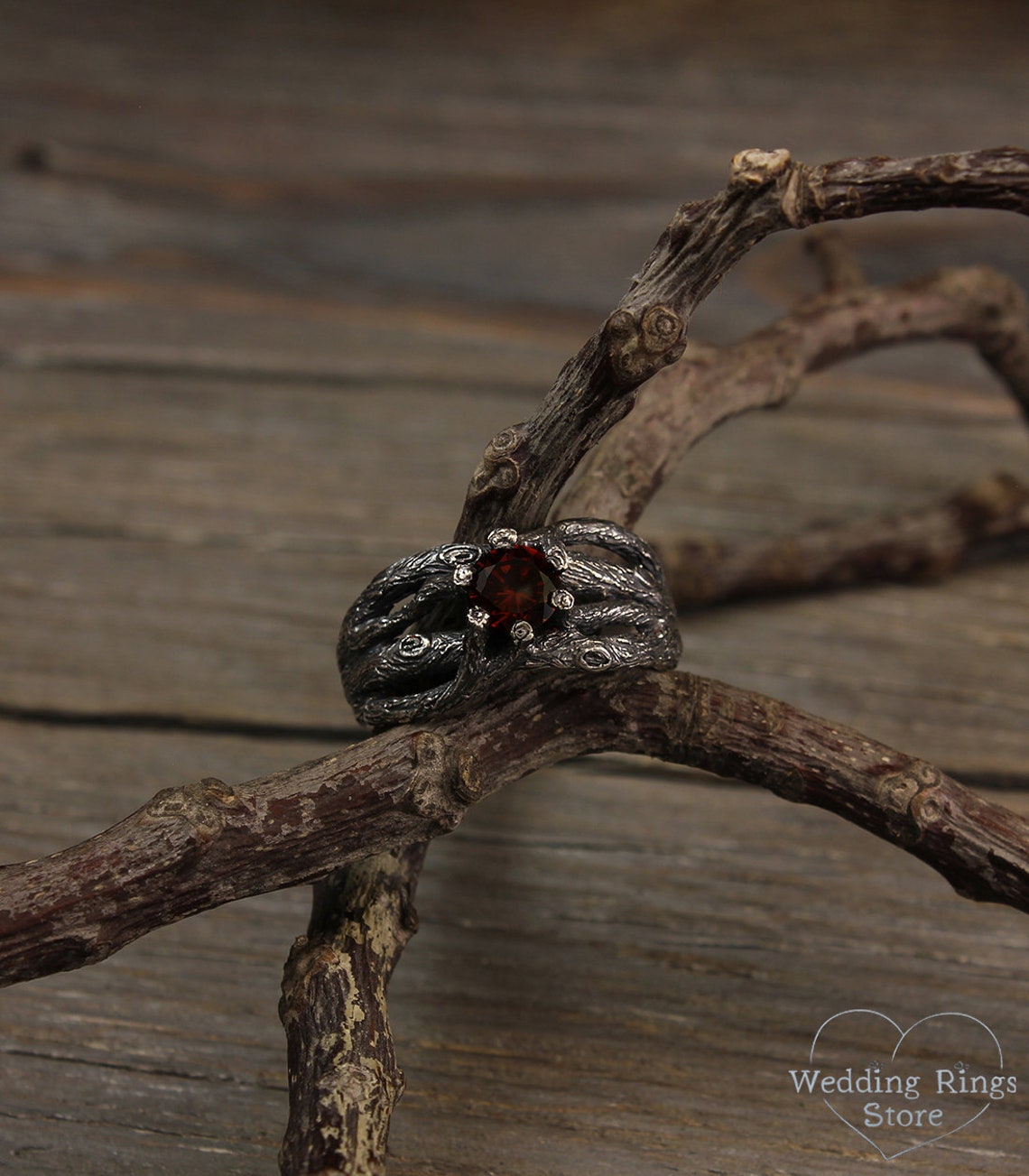 Garnet Engagement Ring with Fine Silver Branches