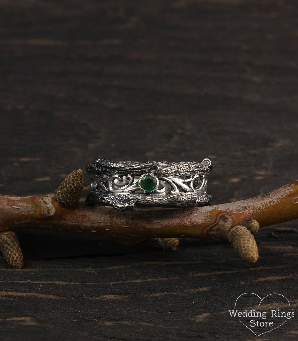 Vintage style Oxidized Silver Bark and Emerald Wedding Ring