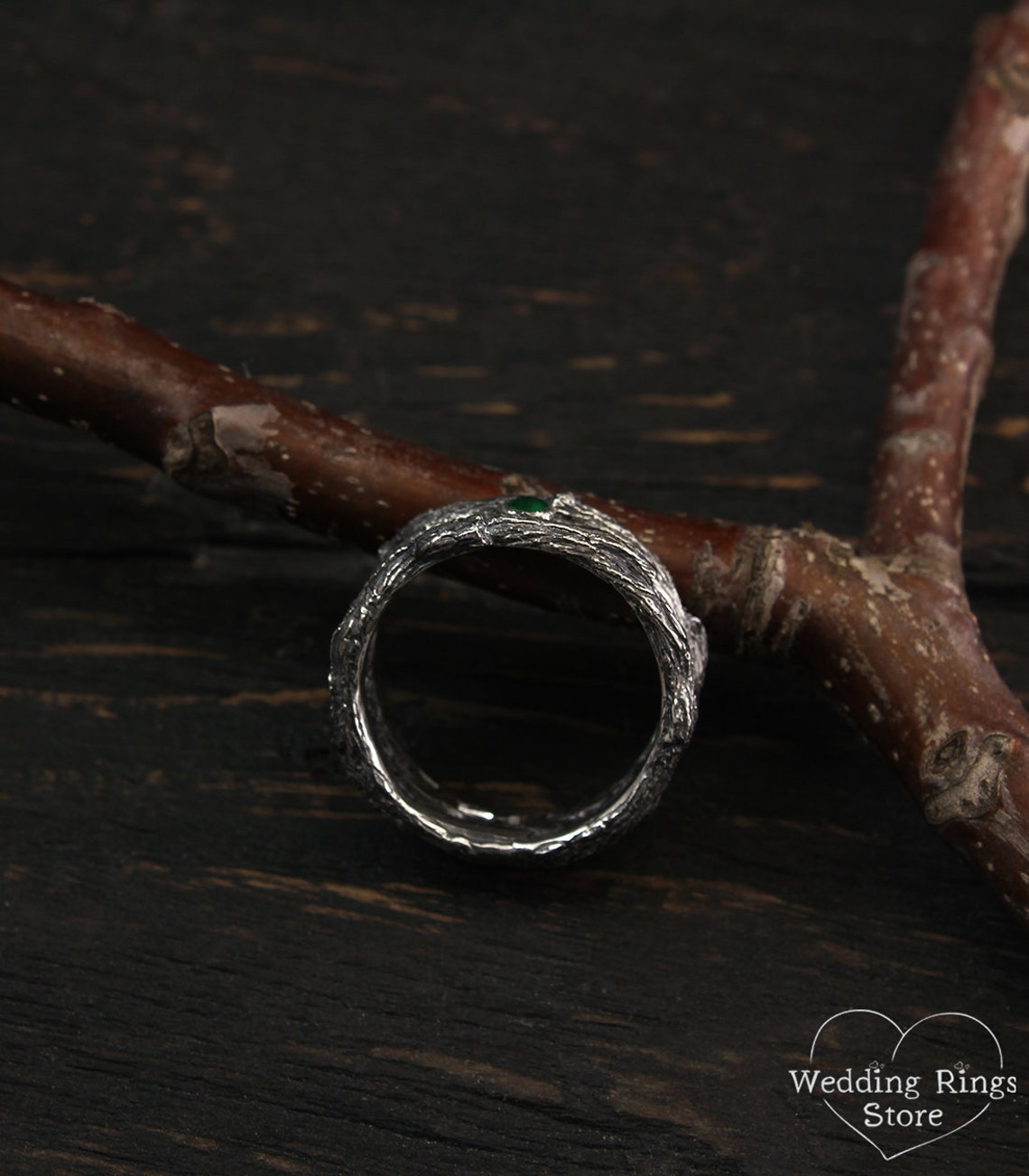 Vintage style Oxidized Silver Bark and Emerald Wedding Ring