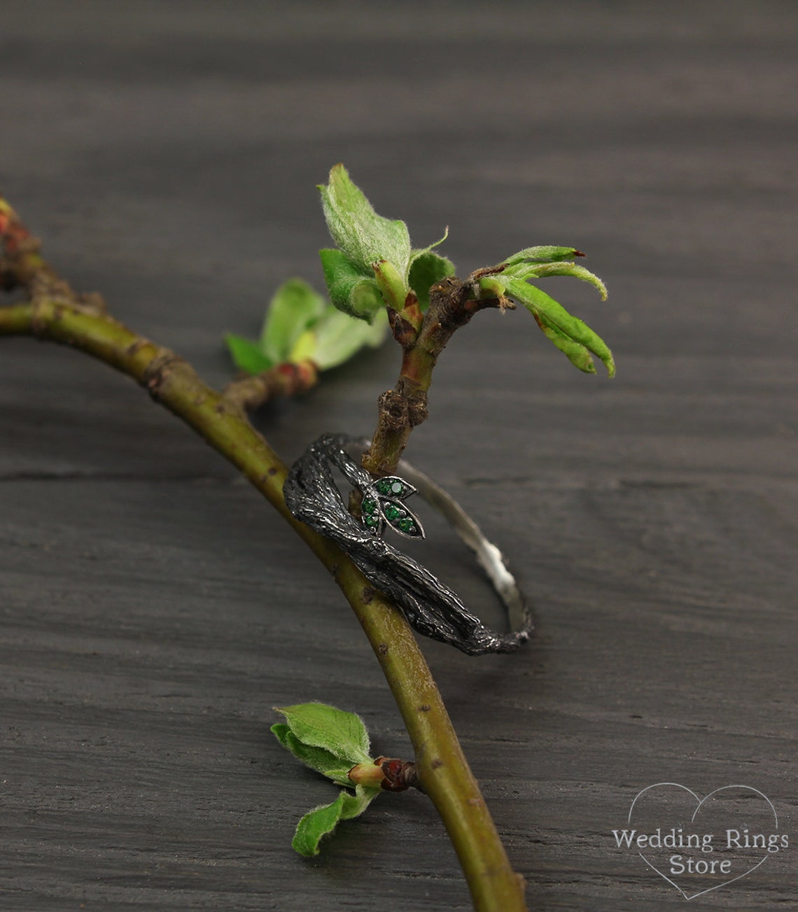 Tiny Emeralds in the Leaf Silver Twig Engagement Ring