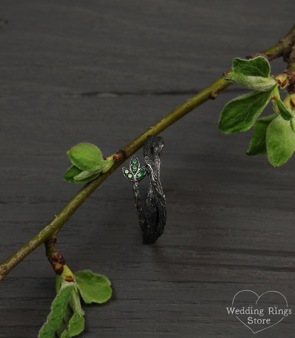 Tiny Emeralds in the Leaf Silver Twig Engagement Ring