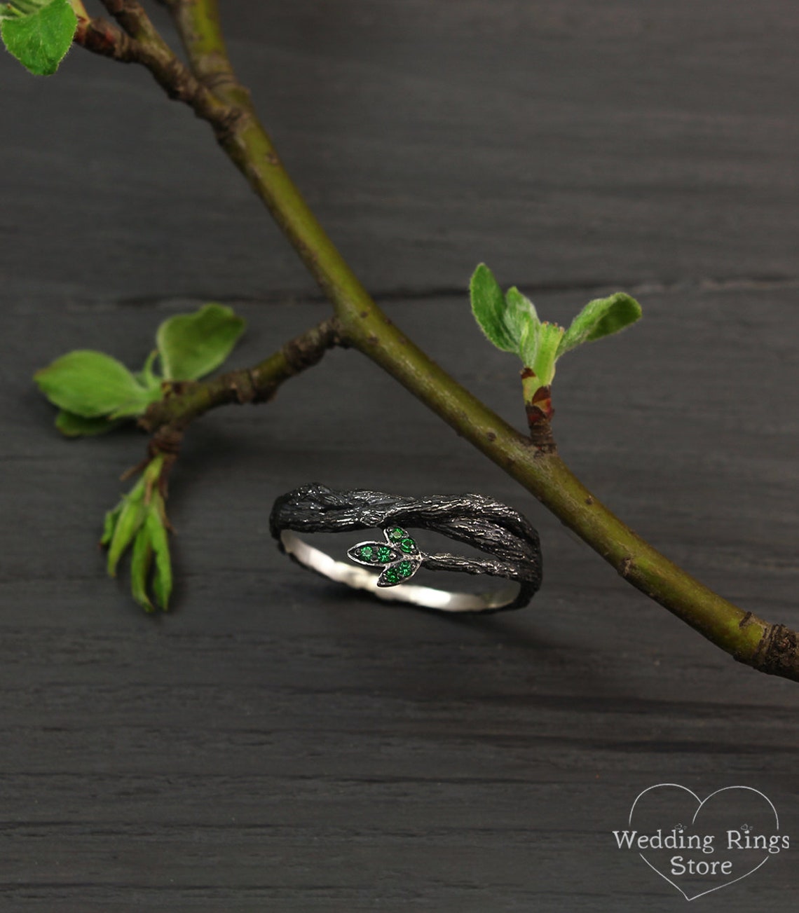 Tiny Emeralds in the Leaf Silver Twig Engagement Ring