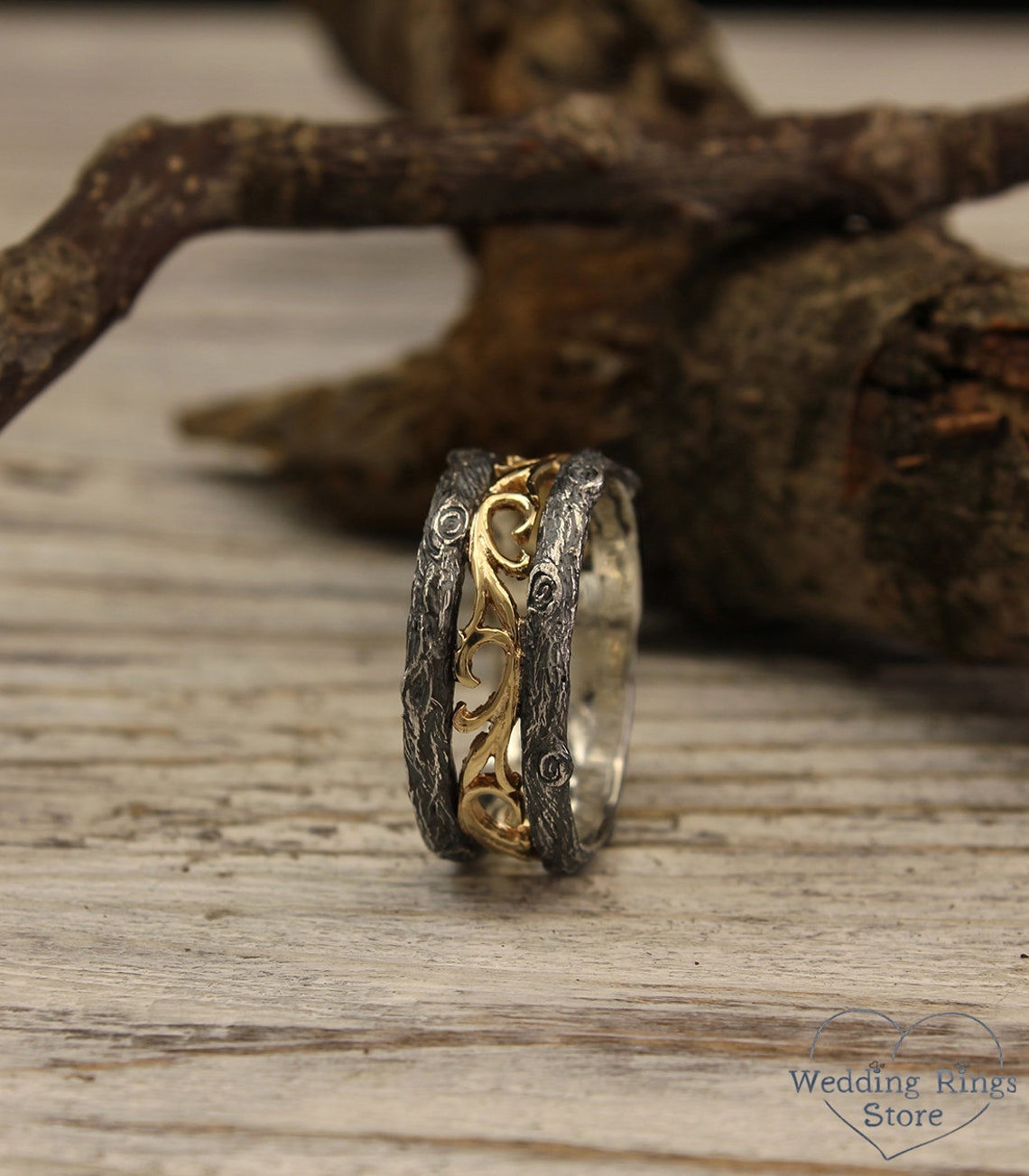 Tree mixed metals Wedding Band — Vintage style Vine Ring