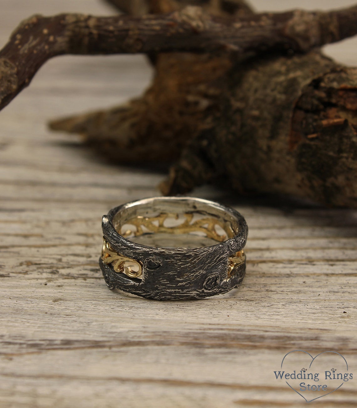 Tree mixed metals Wedding Band — Vintage style Vine Ring