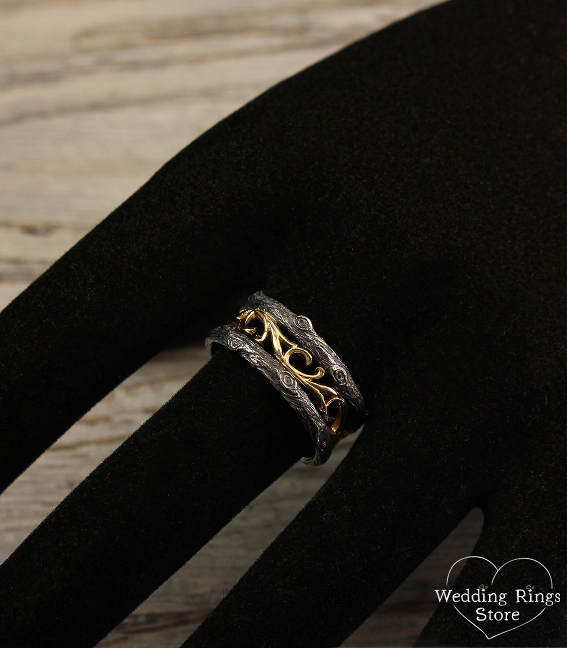 Tree mixed metals Wedding Band — Vintage style Vine Ring