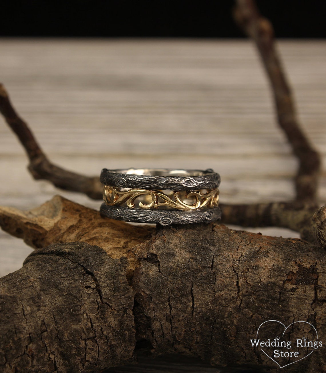 Tree mixed metals Wedding Band — Vintage style Vine Ring