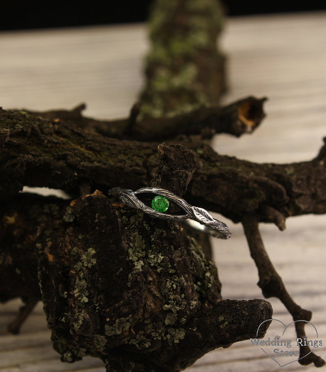 Small Twig and Leaves — Tiny Emerald Engagement Ring