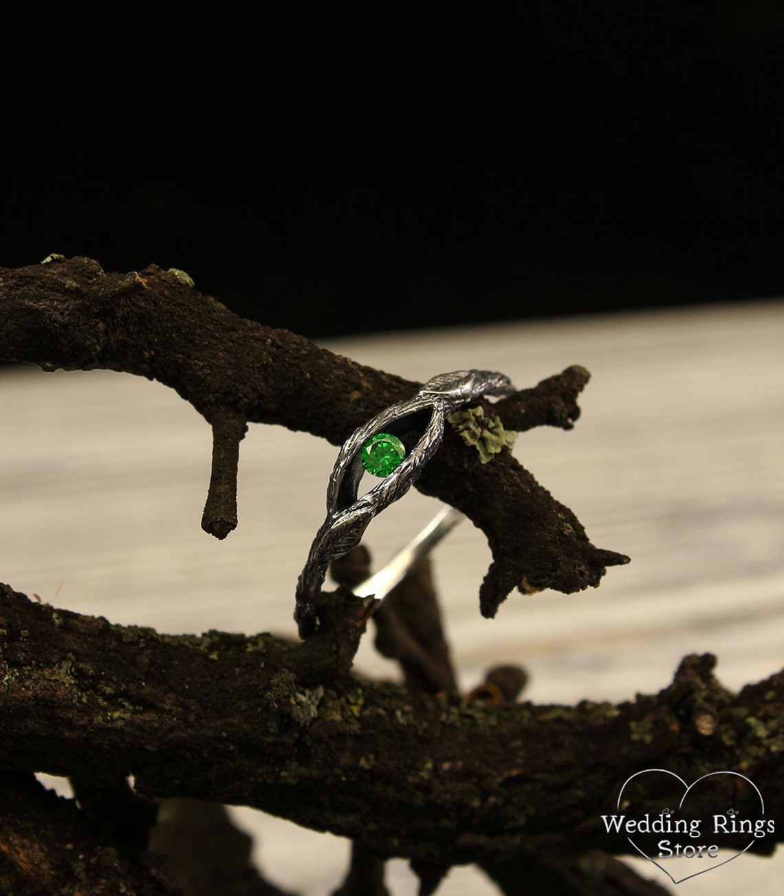 Small Twig and Leaves — Tiny Emerald Engagement Ring