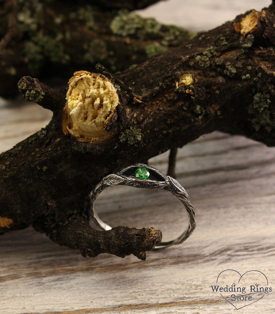 Small Twig and Leaves — Tiny Emerald Engagement Ring