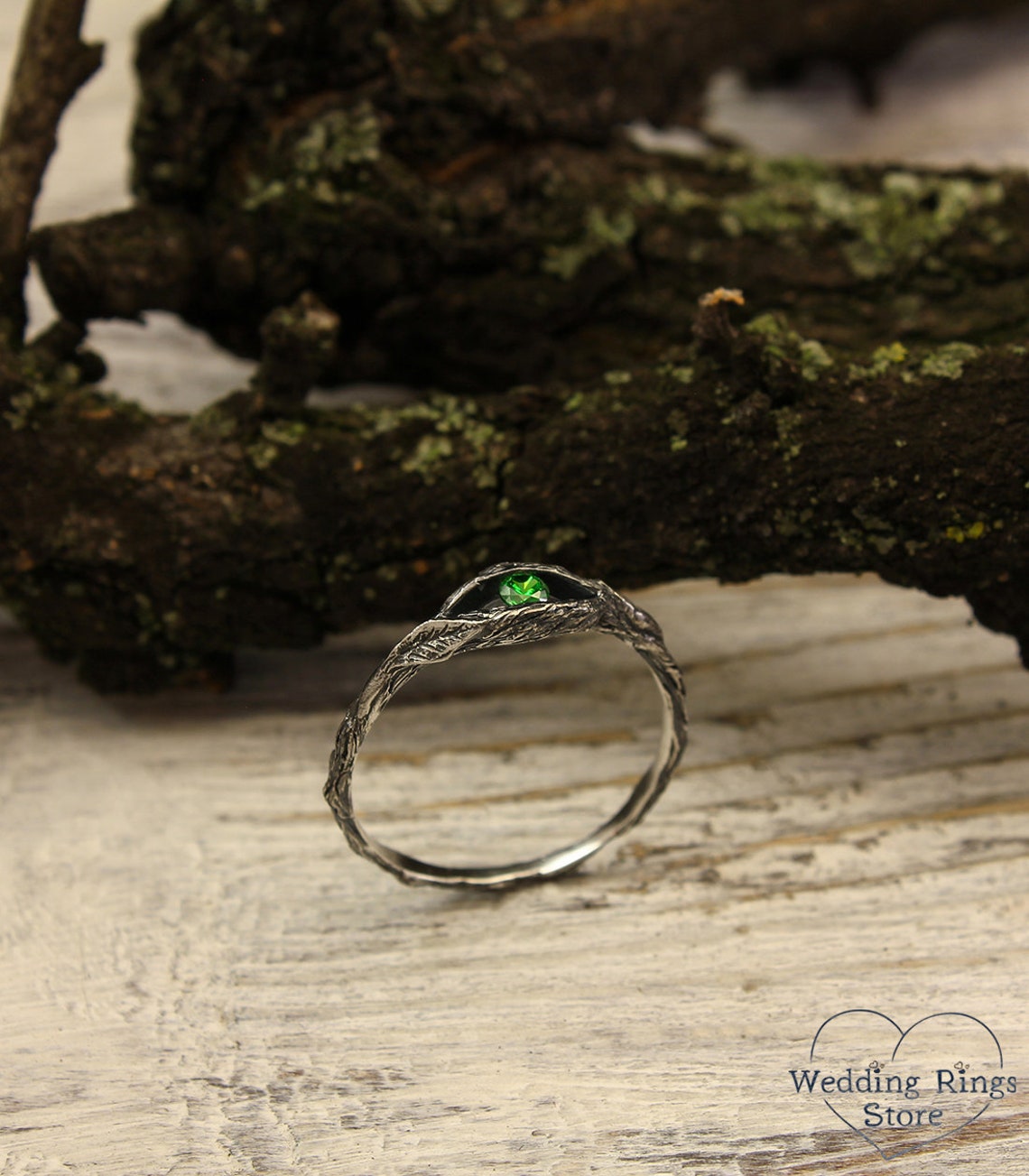 Small Twig and Leaves — Tiny Emerald Engagement Ring