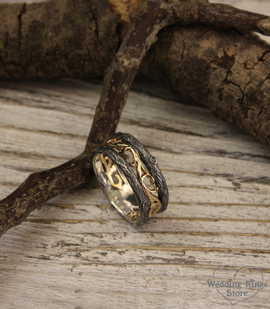 Tree mixed metals Wedding Band — Vintage style Vine Ring