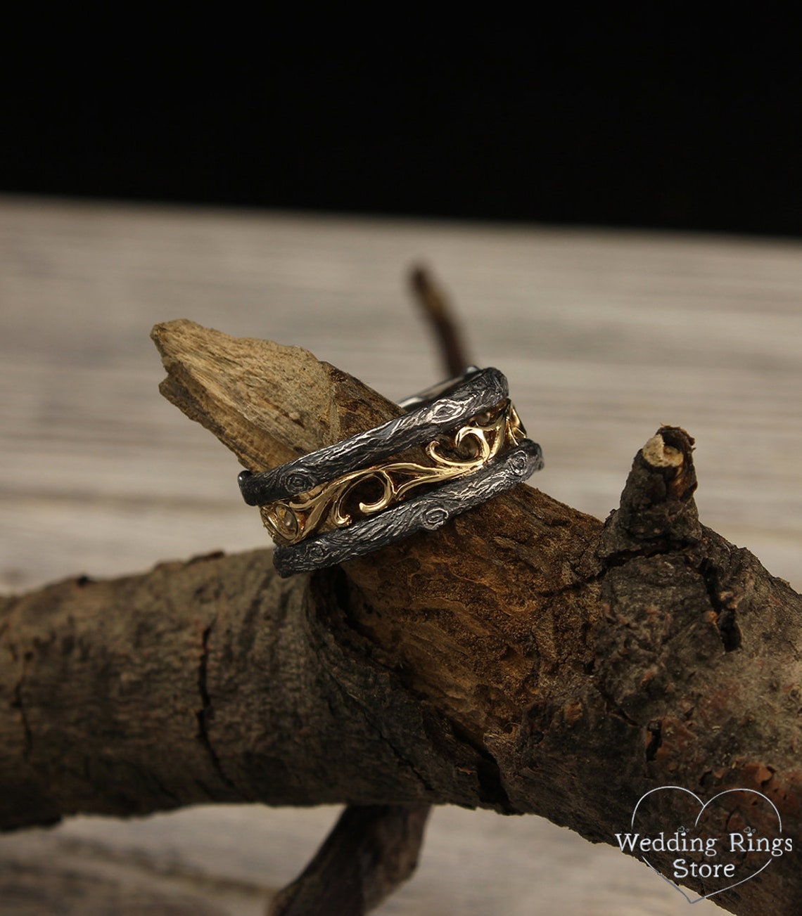 Tree mixed metals Wedding Band — Vintage style Vine Ring