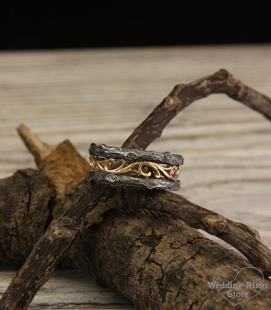 Tree mixed metals Wedding Band — Vintage style Vine Ring