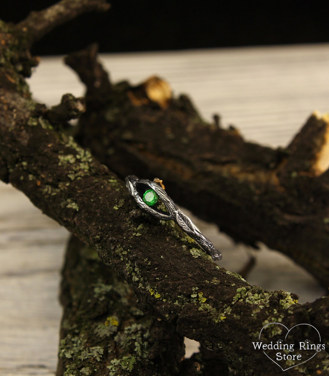 Small Twig and Leaves — Tiny Emerald Engagement Ring