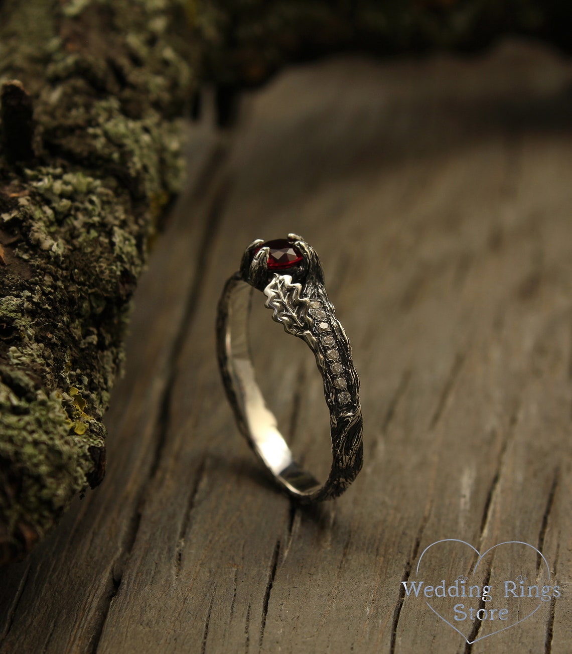 Ruby Engagement Ring with Side Stones and Oak Leaves on Twig