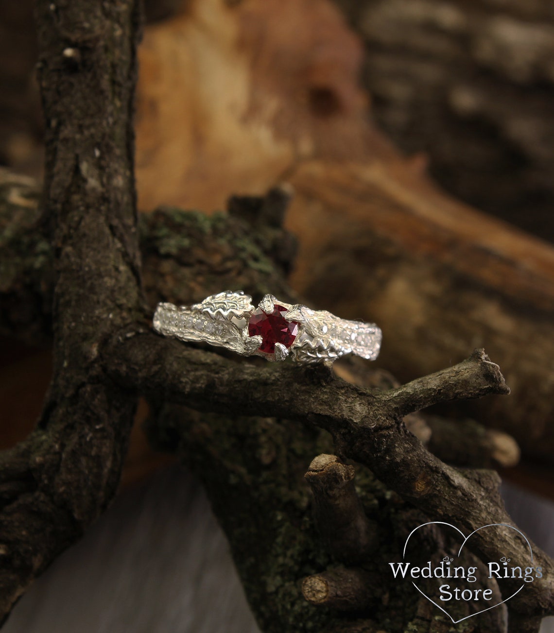 Ruby Engagement Ring with Side Stones and Oak Leaves on Twig