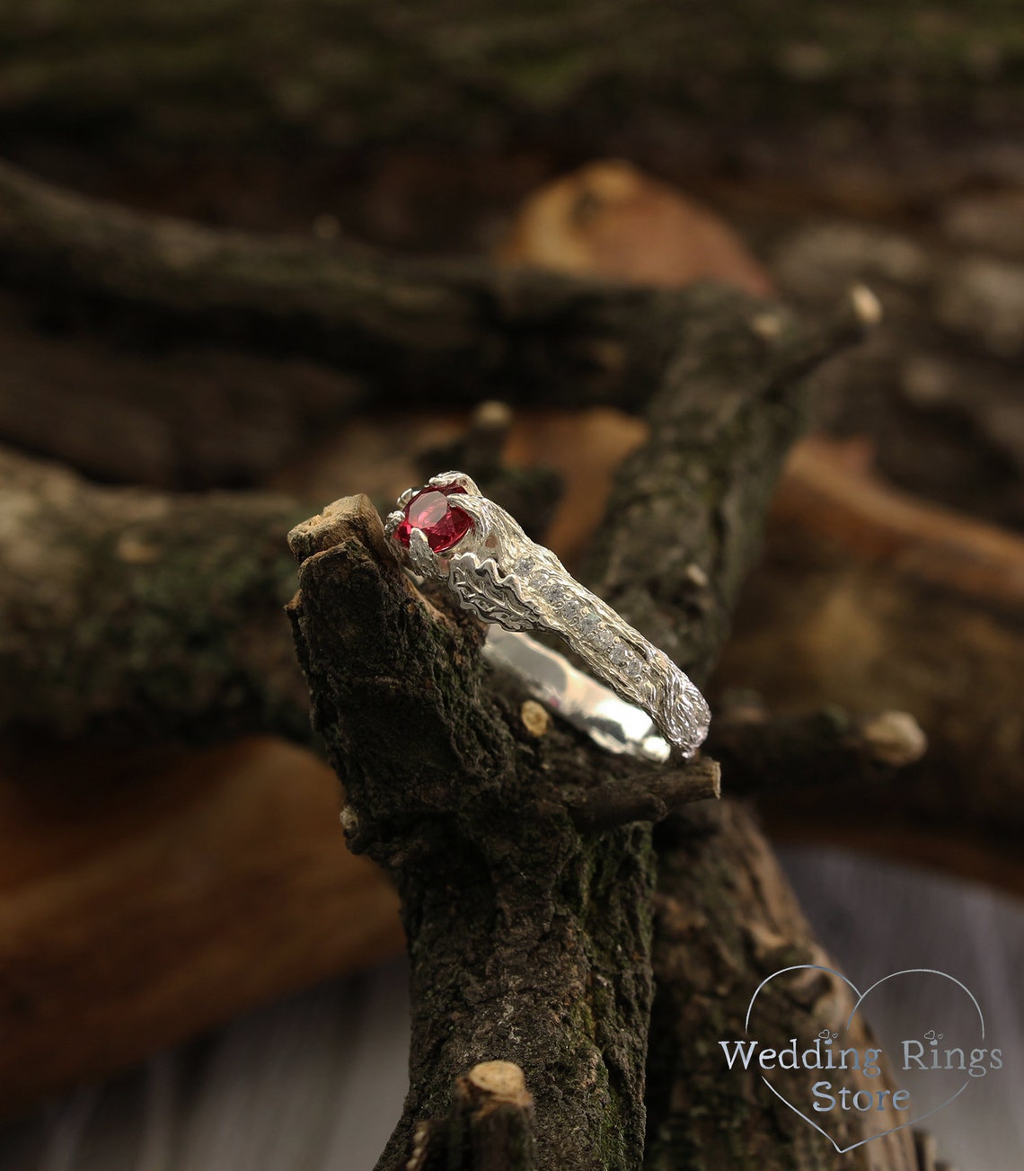 Ruby Engagement Ring with Side Stones and Oak Leaves on Twig