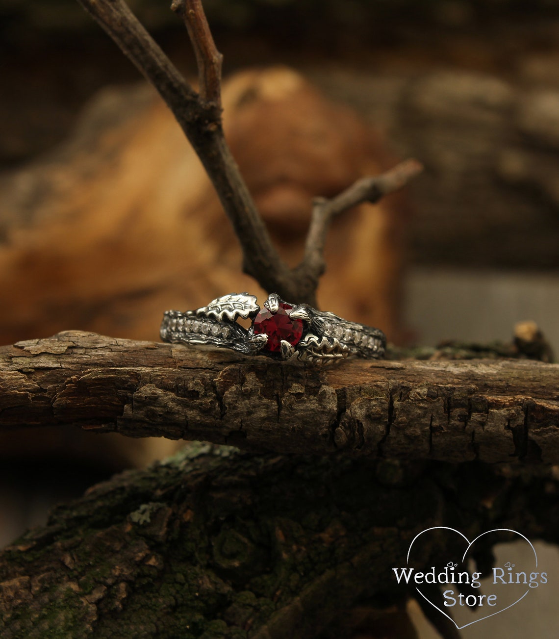 Ruby Engagement Ring with Side Stones and Oak Leaves on Twig