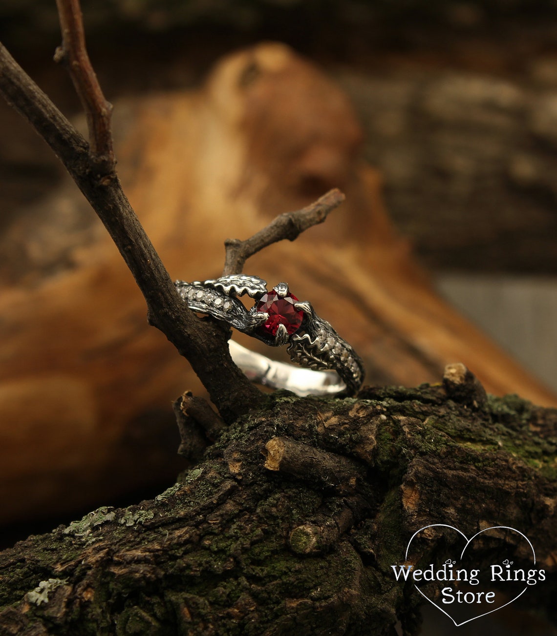 Ruby Engagement Ring with Side Stones and Oak Leaves on Twig