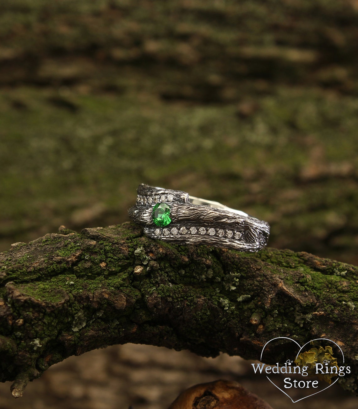 Wide Silver Branch Ring with Magic Emerald & Side CZ