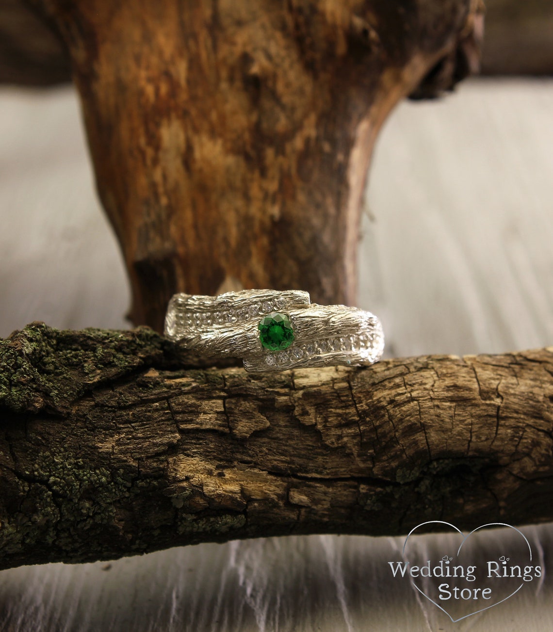 Wide Silver Branch Ring with Magic Emerald & Side CZ