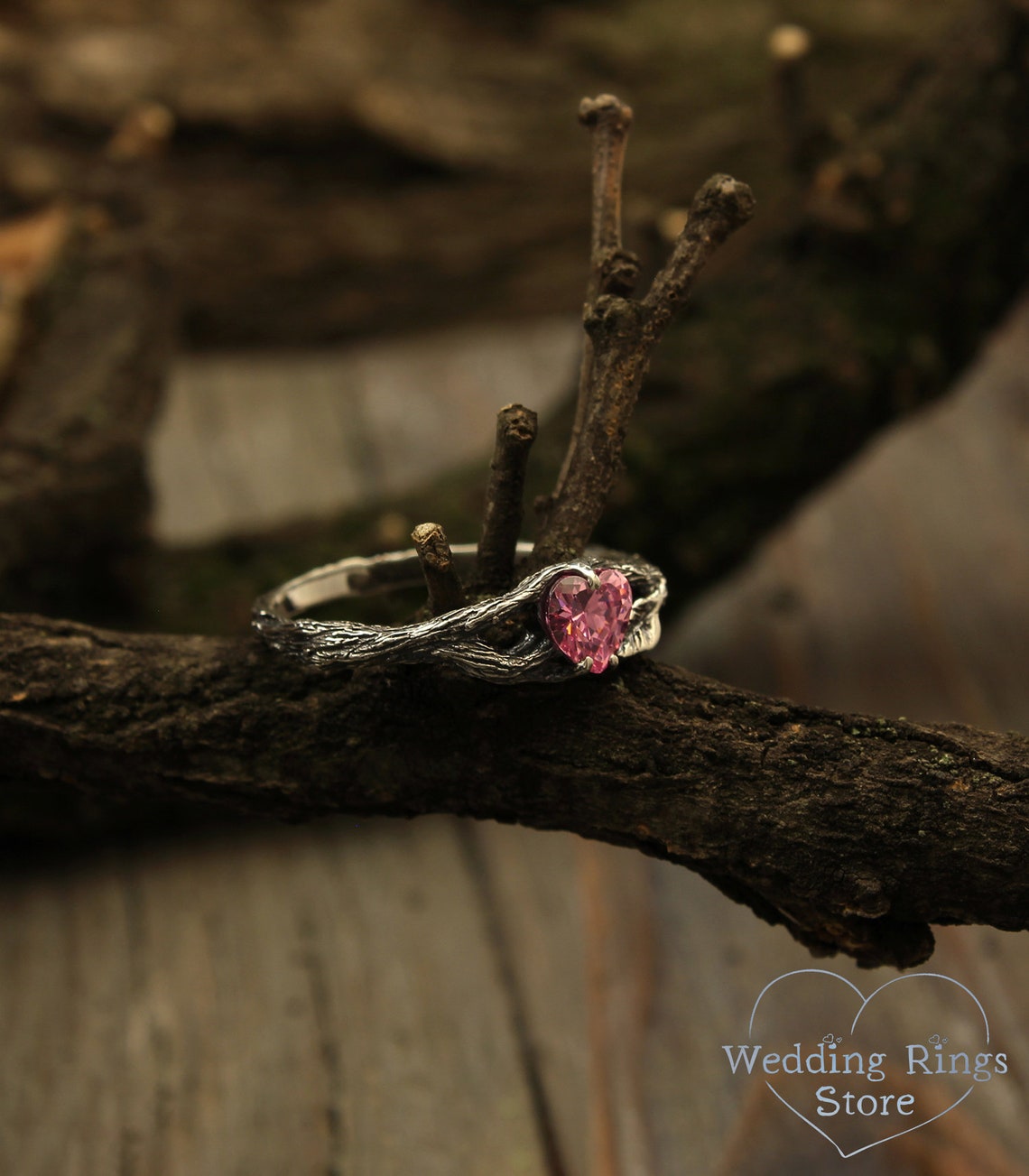 Silver Split Branch with Leaf & Heart Gemstone Ring