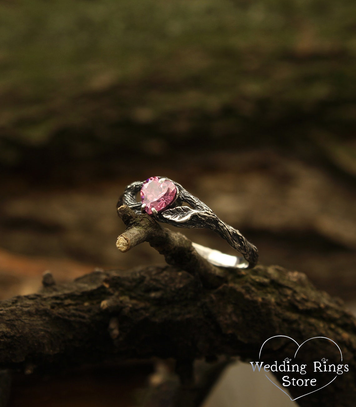 Silver Split Branch with Leaf & Heart Gemstone Ring