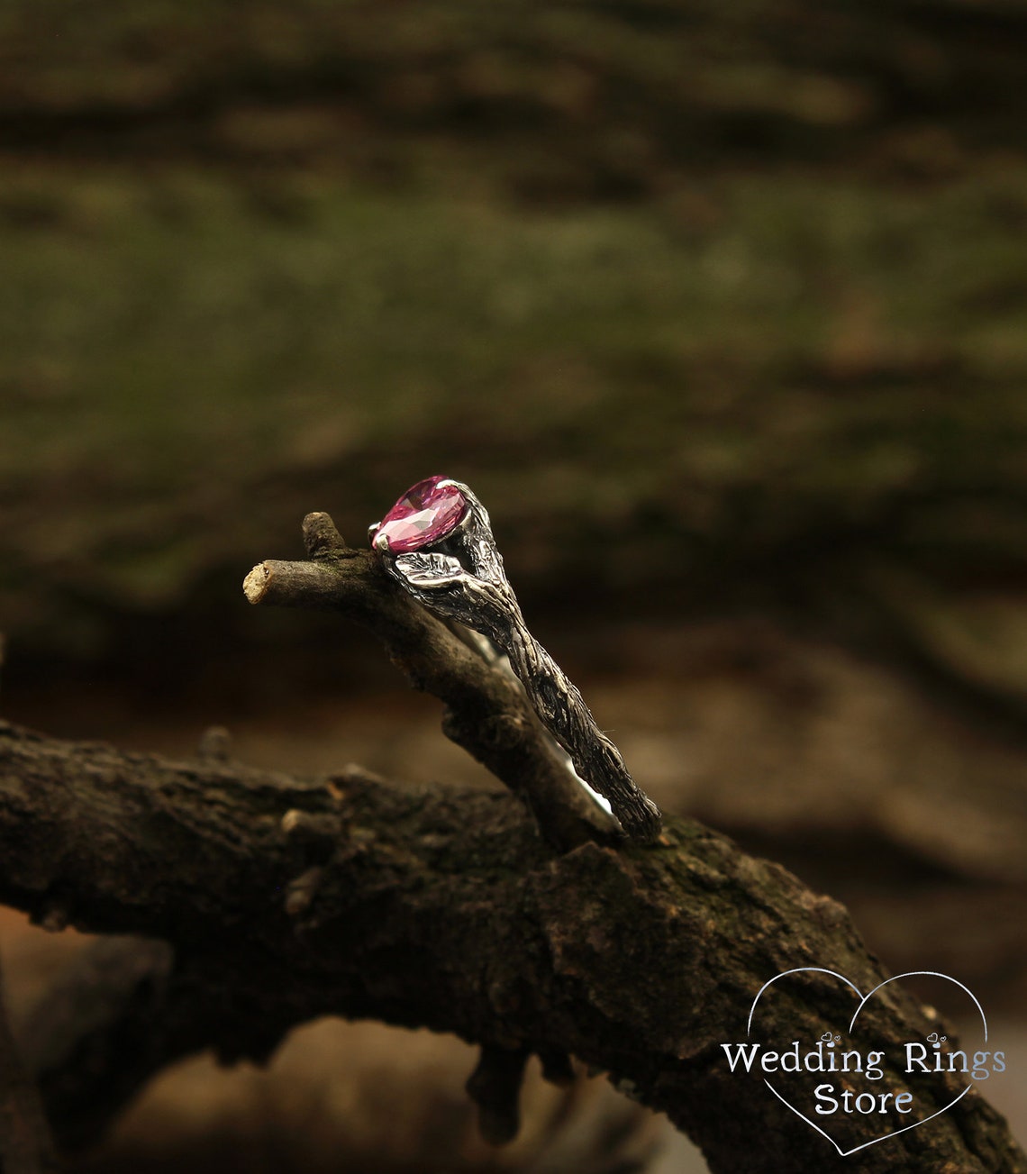 Silver Split Branch with Leaf & Heart Gemstone Ring