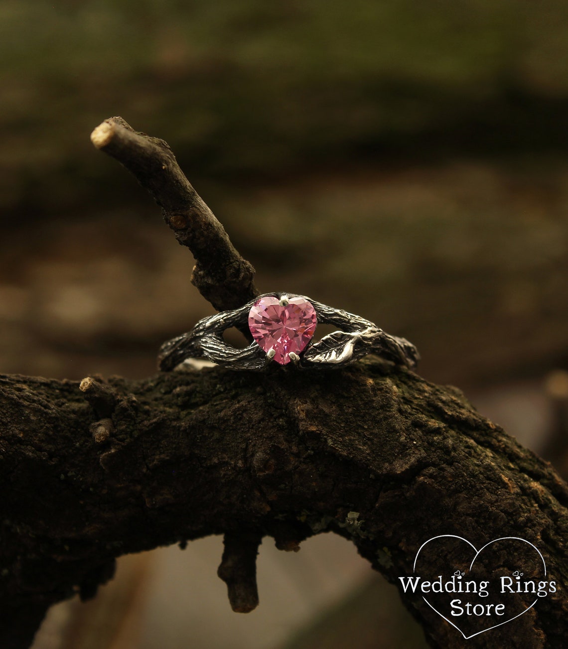 Silver Split Branch with Leaf & Heart Gemstone Ring