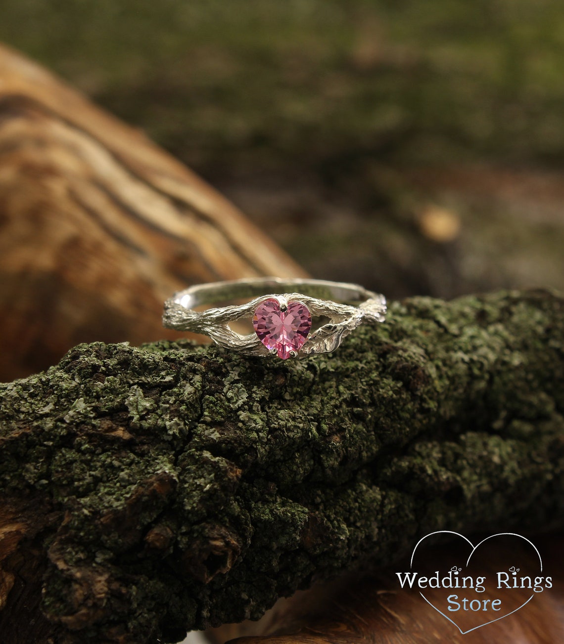 Silver Split Branch with Leaf & Heart Gemstone Ring