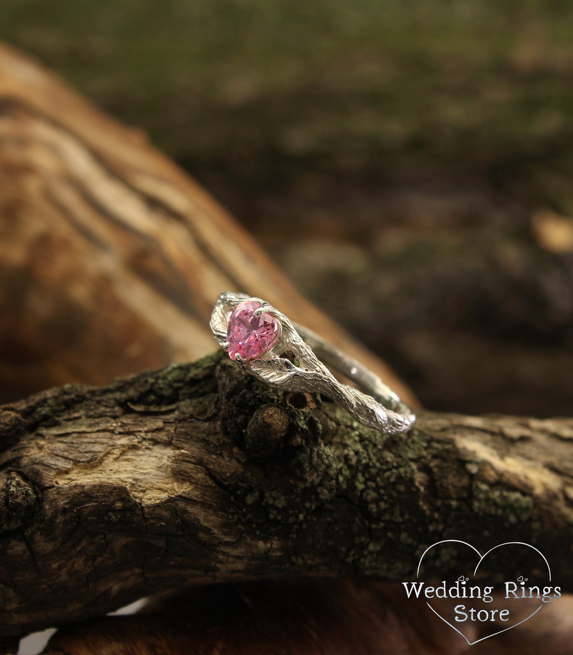 Silver Split Branch with Leaf & Heart Gemstone Ring