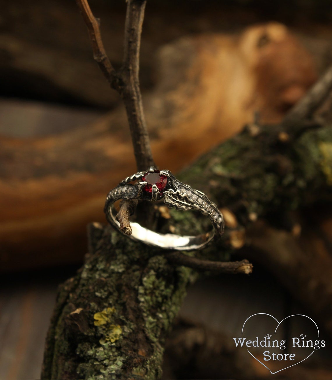 Ruby Engagement Ring with Side Stones and Oak Leaves on Twig