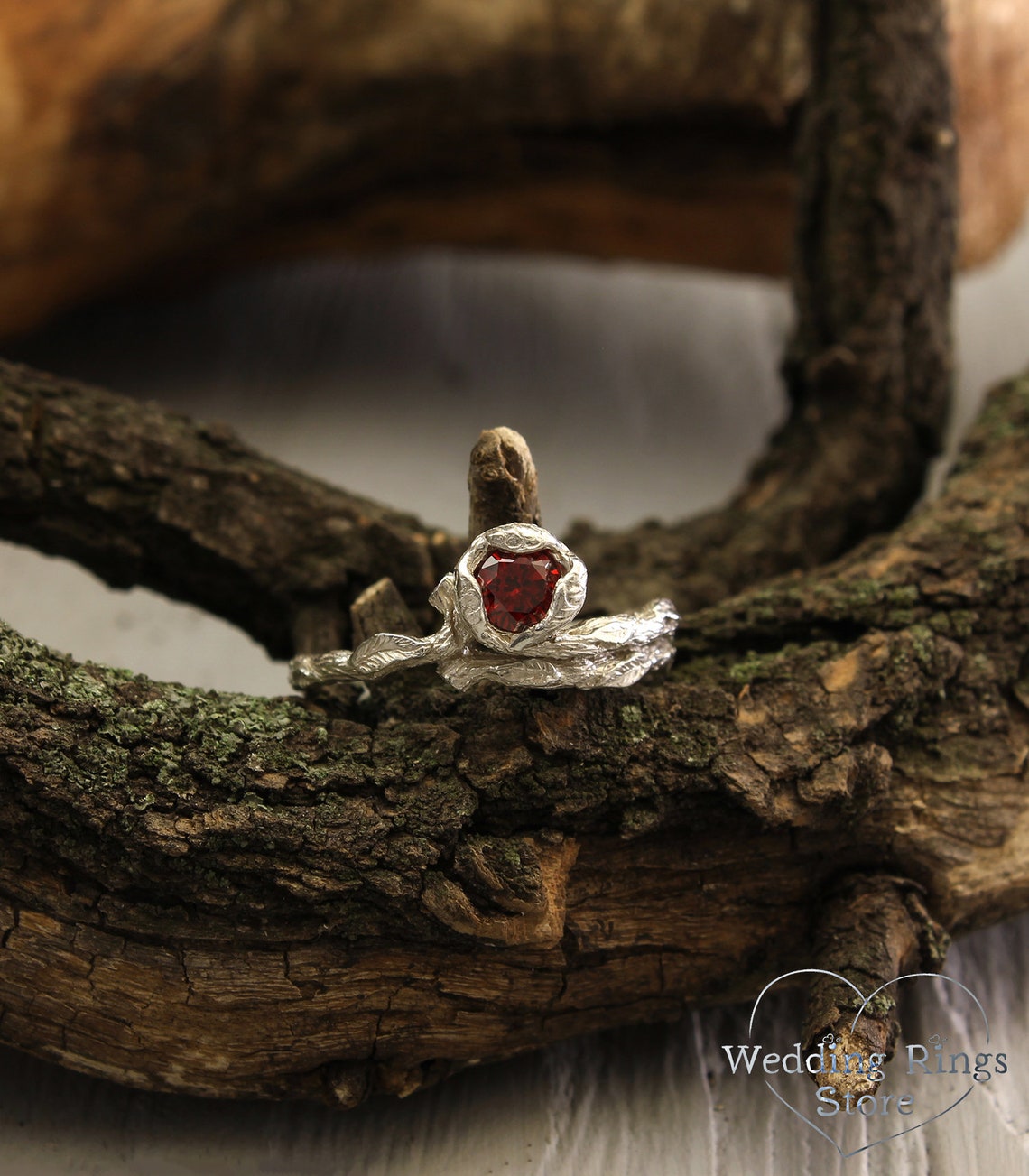 Unusual Branch and Leaves Silver Garnet Engagement Ring