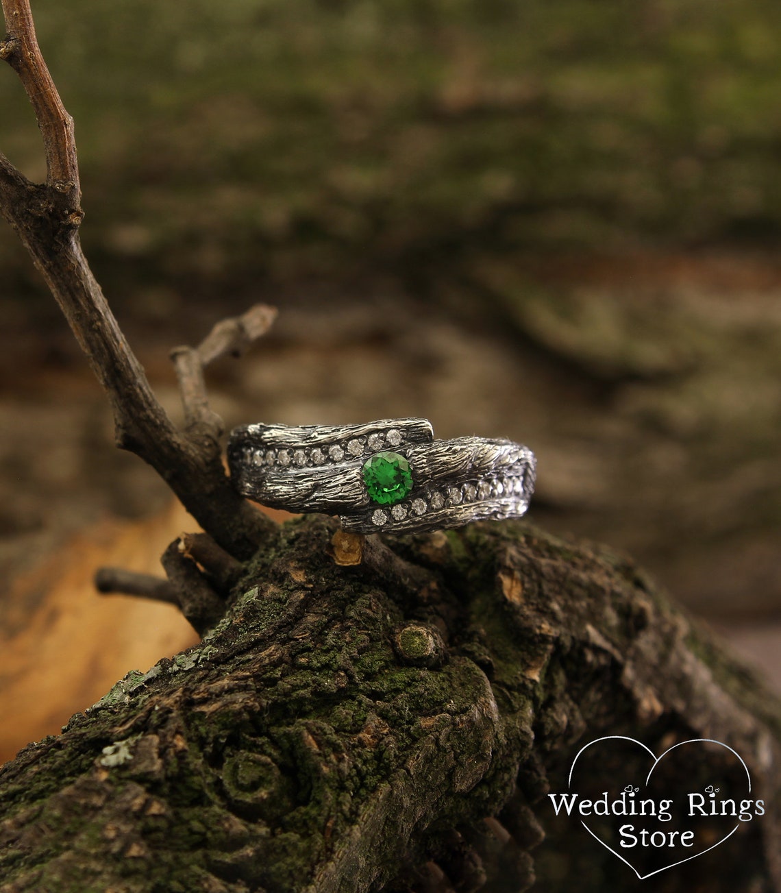 Wide Silver Branch Ring with Magic Emerald & Side CZ