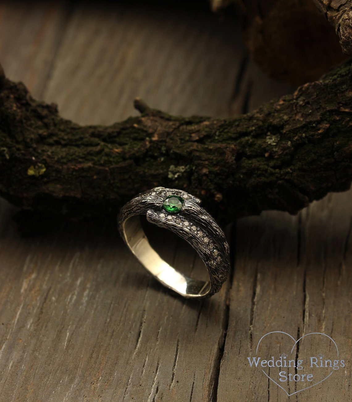 Wide Silver Branch Ring with Magic Emerald & Side CZ