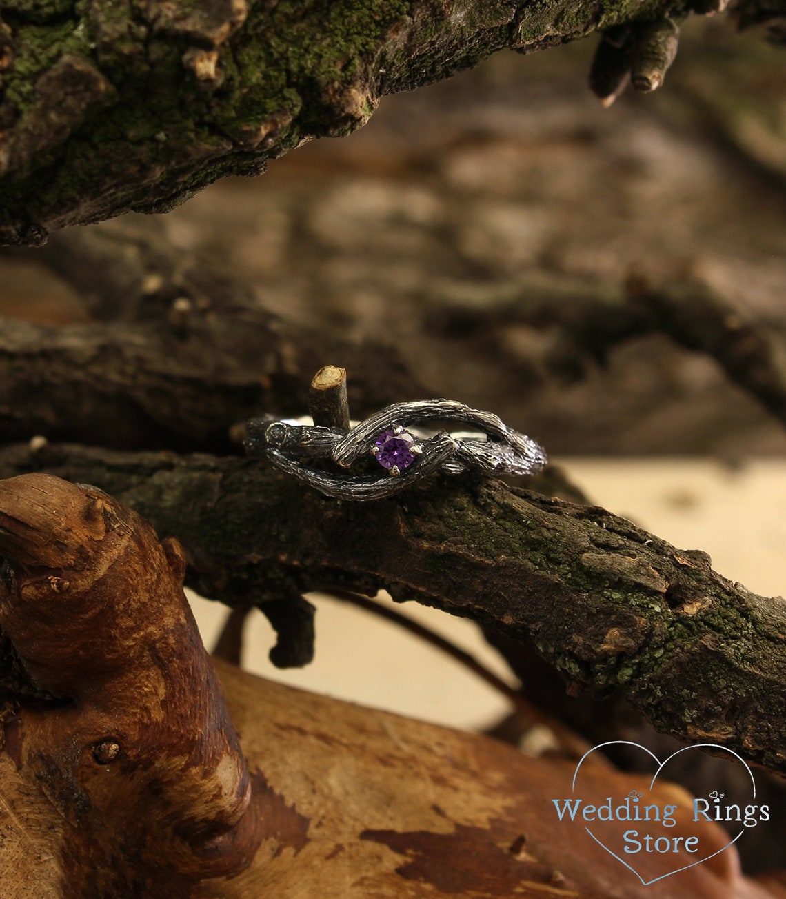 Amethyst Engagement Ring with Sterling Silver Twisted Twigs