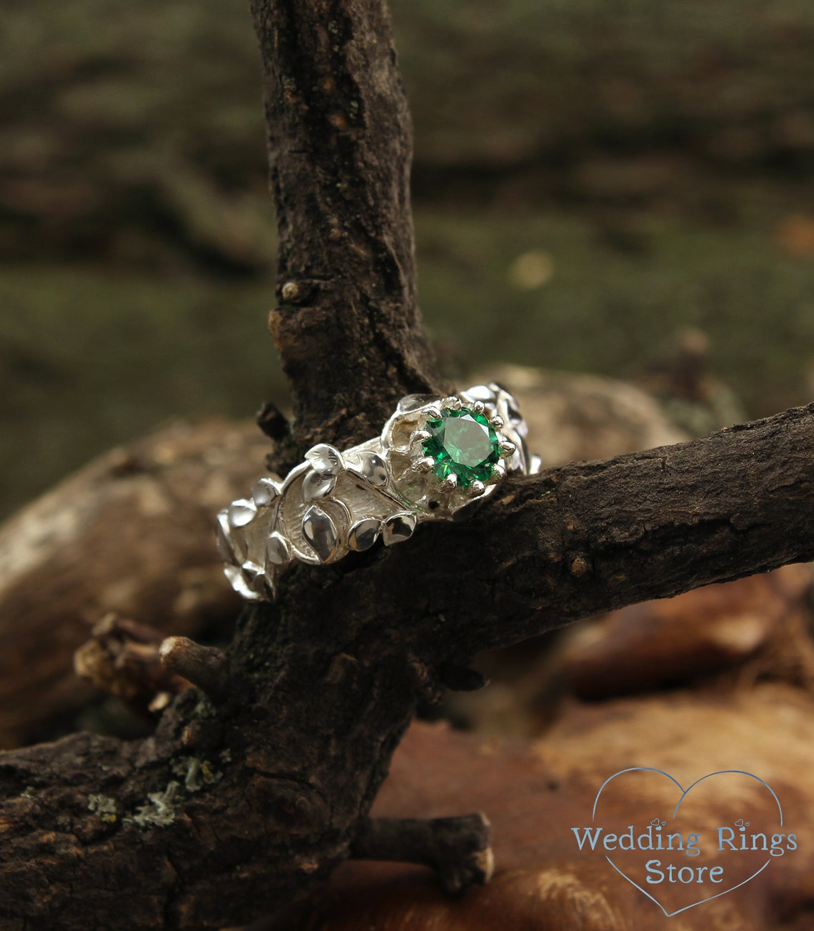 Silver Twig and many Leaves Engagement Ring with Emerald