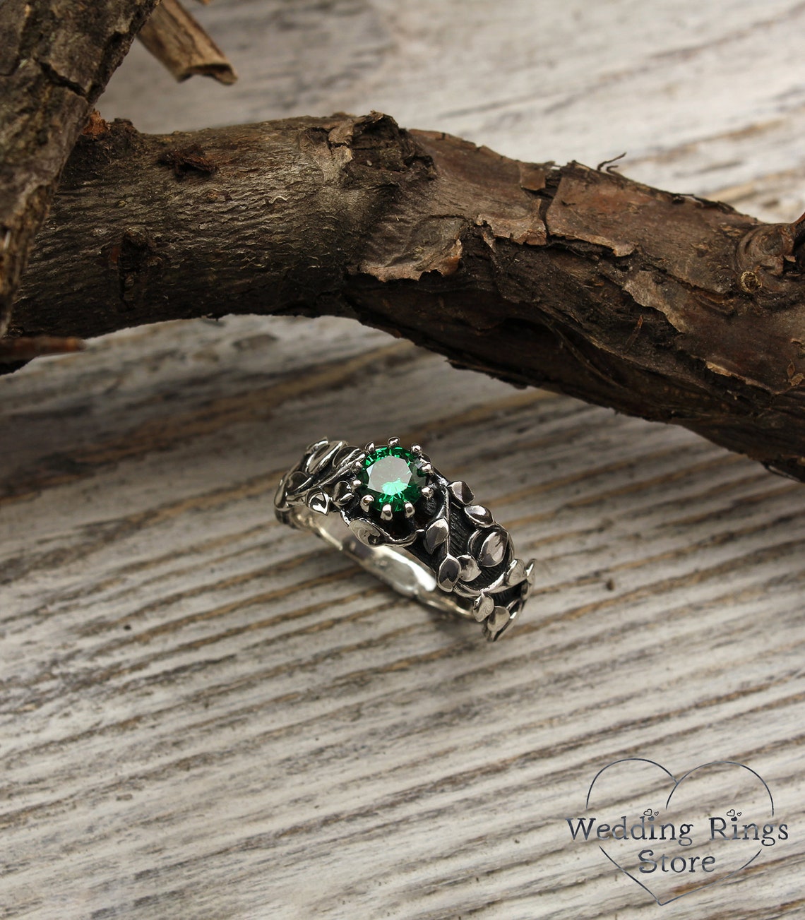 Silver Twig and many Leaves Engagement Ring with Emerald