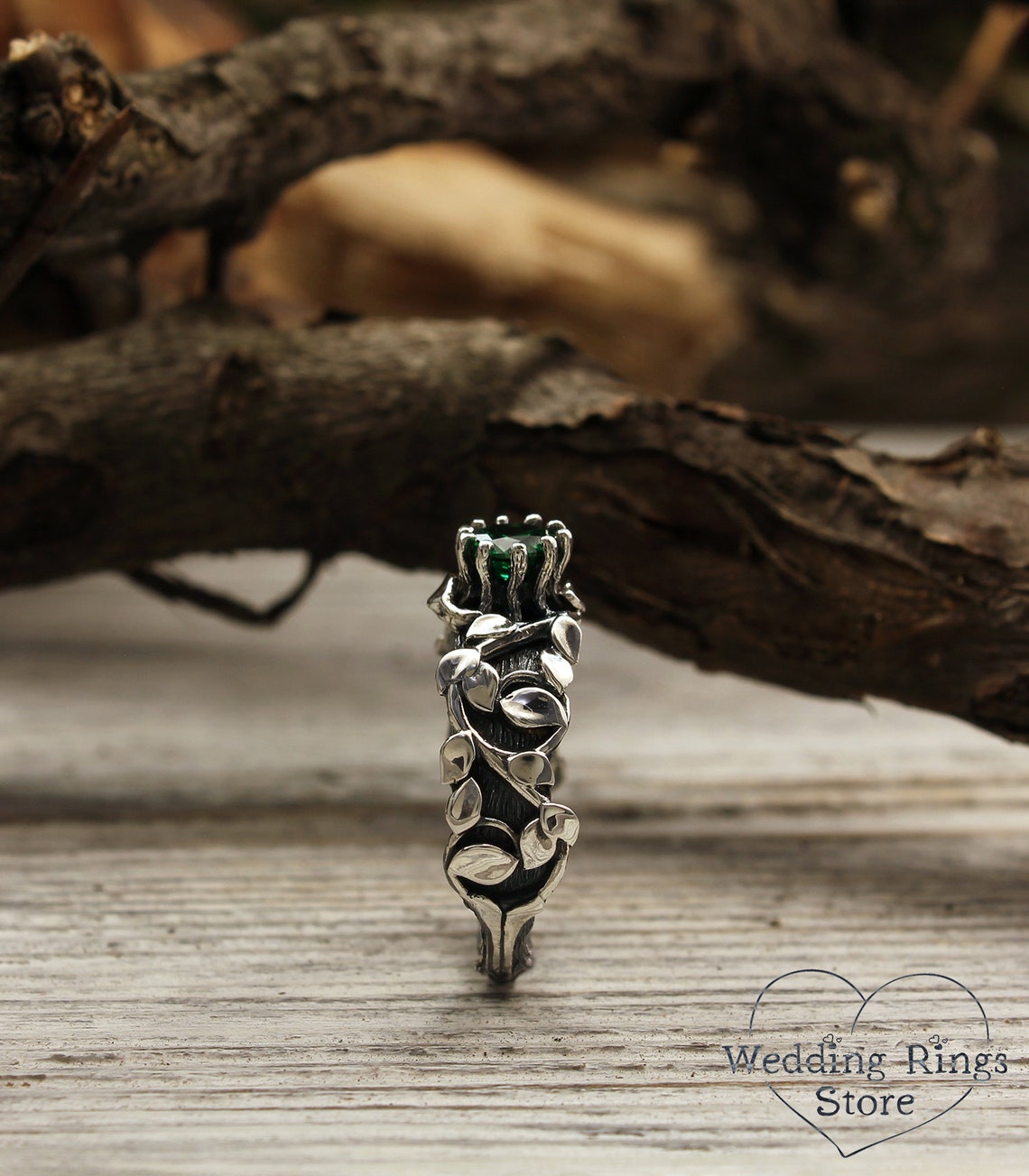 Silver Twig and many Leaves Engagement Ring with Emerald