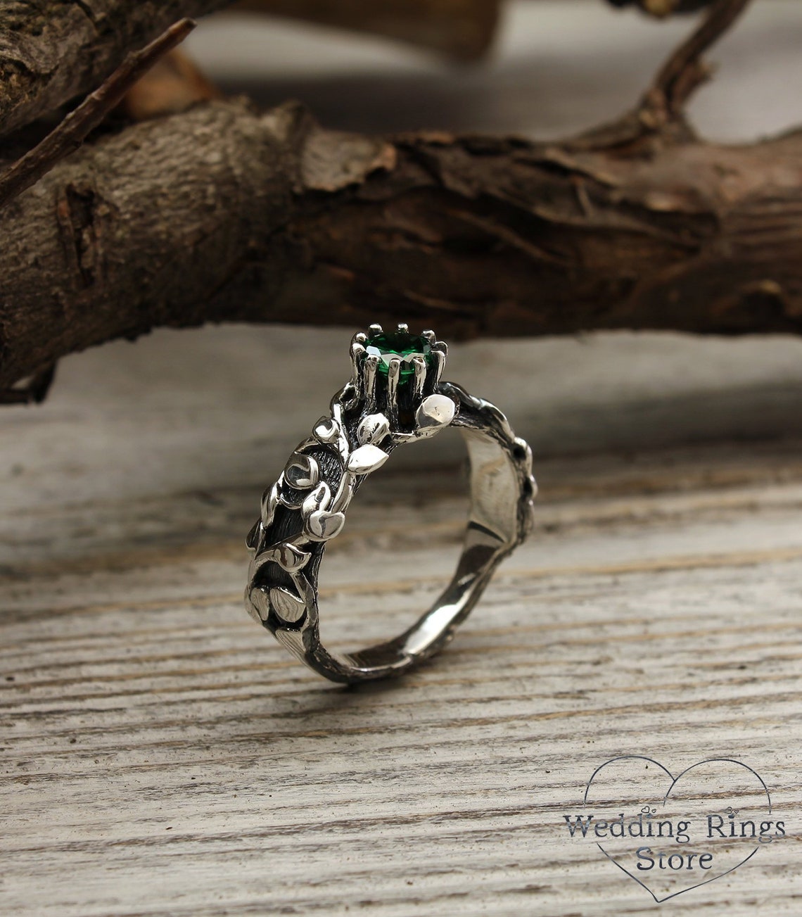 Silver Twig and many Leaves Engagement Ring with Emerald